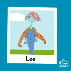 Lee is tall and thin, with quiet features, a spiral ear, and a bright lock of pink hair covering one eye. They wear a full-body dress, with buttons running down the front. Their wings are orange, feathery, and sleek. Their skin is light blue.