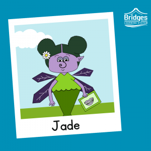 Jade has purple skin and a neat pair of buns similar to mouse ears. They have a daisy barrette in their hair, and wear a scalloped shirt. They carry a communication board with a mouth on it, and have diamond shaped wings.