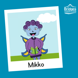 Mikko is short and round with super curly purple hair. Their skin is blue, and they wear a purple cozy sweater. They have blue and yellow swallowtail butterfly wings, a simple pair of pants, and bumpy shoes. They carry around a book at all times.