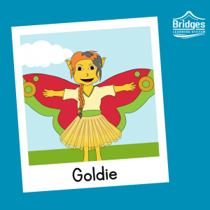 Goldie has sunshine skin, cat-like eyes, messy hair in a single braid, and wears a loose v-neck tunic and a floaty skirt. They have big butterfly-like wings and cloven feet.